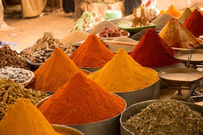 Colourful spices on display at a market